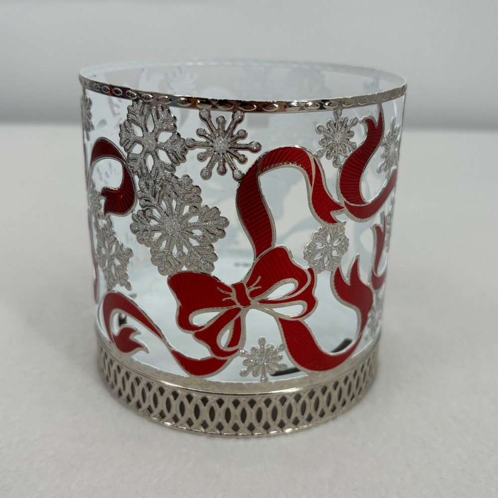 Bath & Body Works Silver Snowflake Red Ribbon Bow 3-Wick Candle Holder Holiday